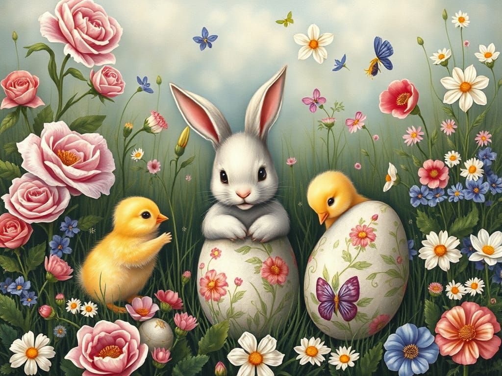 Easter Bunnies and Chicks in Renaissance Style