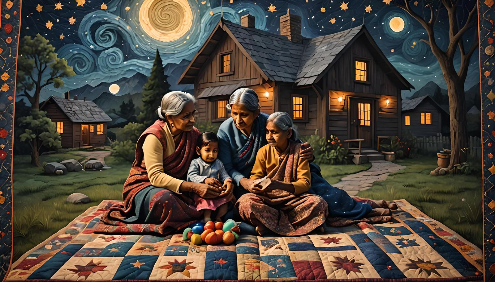 Indian Grandmother's Starry Night Story, Detailed Quilt