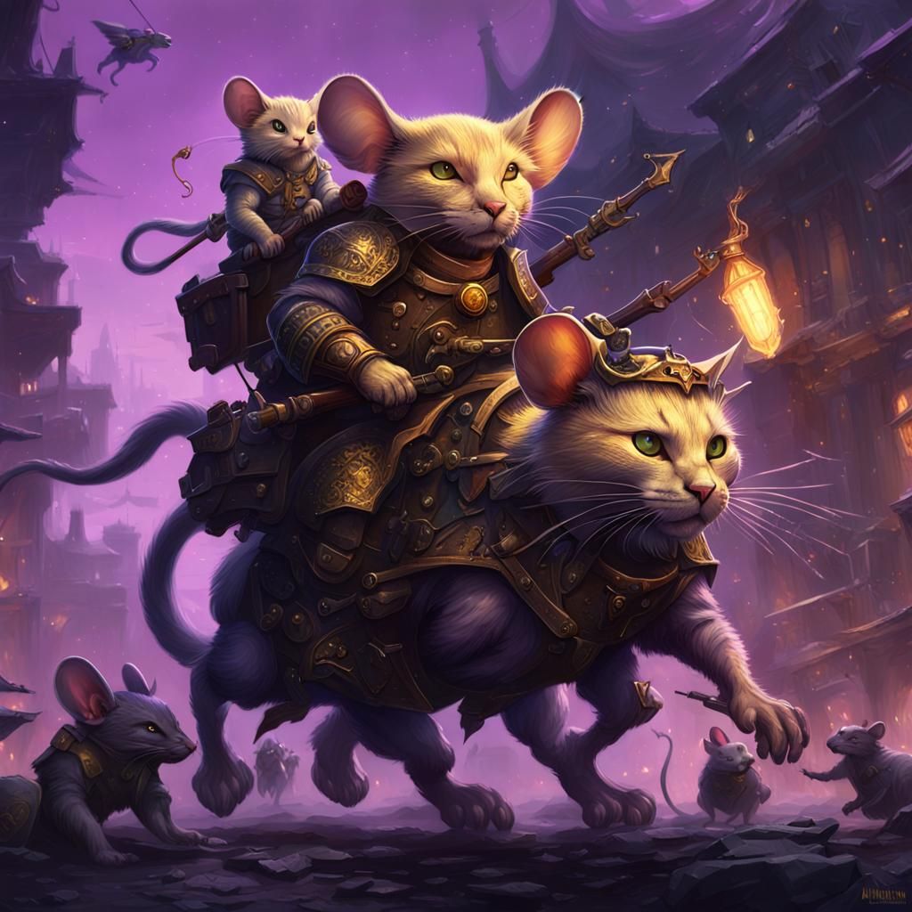 Mice Ride a Cat into War: Dark Fantasy Art