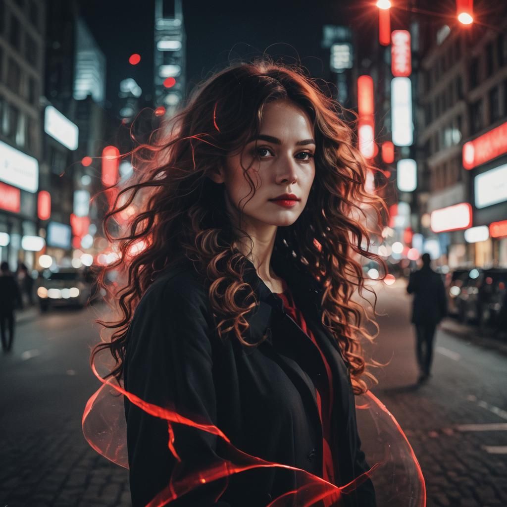 Elegant Woman in Double Exposure with City Lights