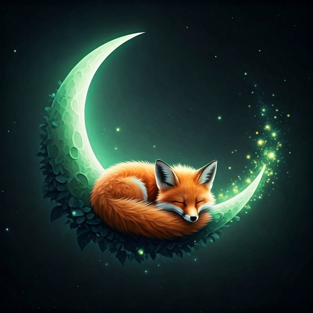 Sleepy Fox on Glowing Crescent Moon in Dreamy Fantasy Scener...