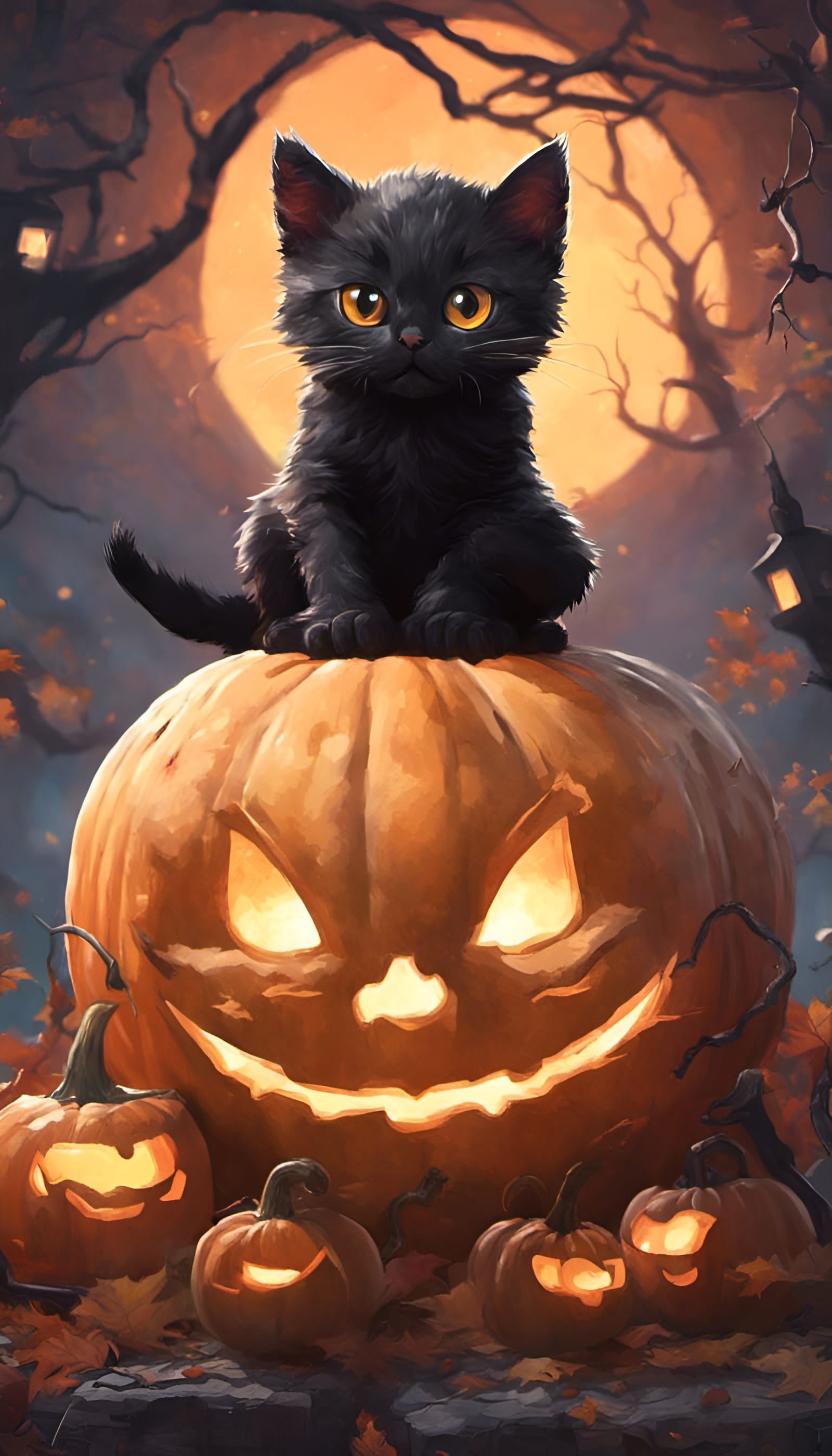 Black Cat on Pumpkin in Van Gogh Style