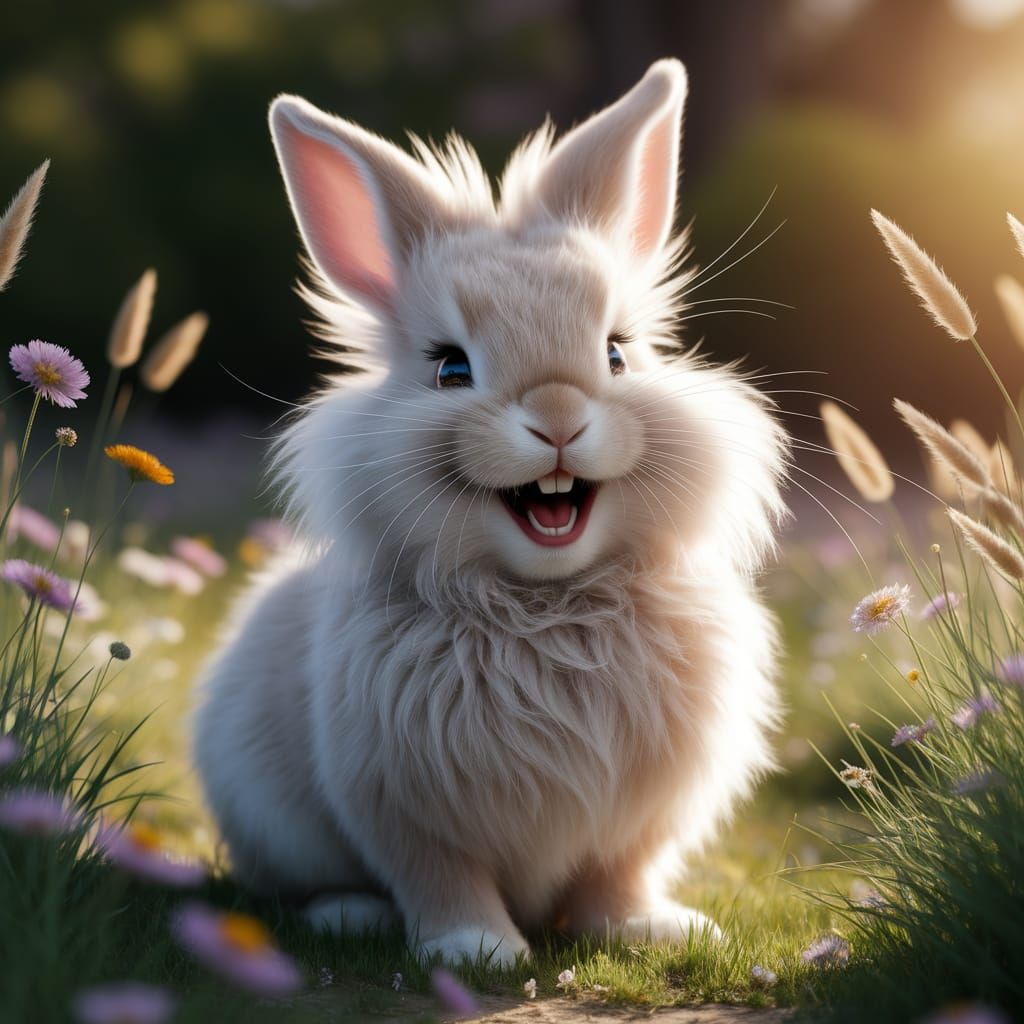 Cute Laughing Bunny in Golden Light, Ultra-Realistic