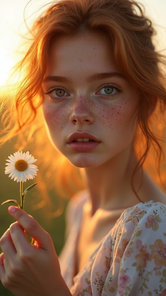 Hyper-Realistic Portrait of Woman with Daisy