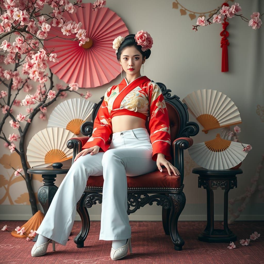 Geisha in White Jeans with Cherry Blossoms