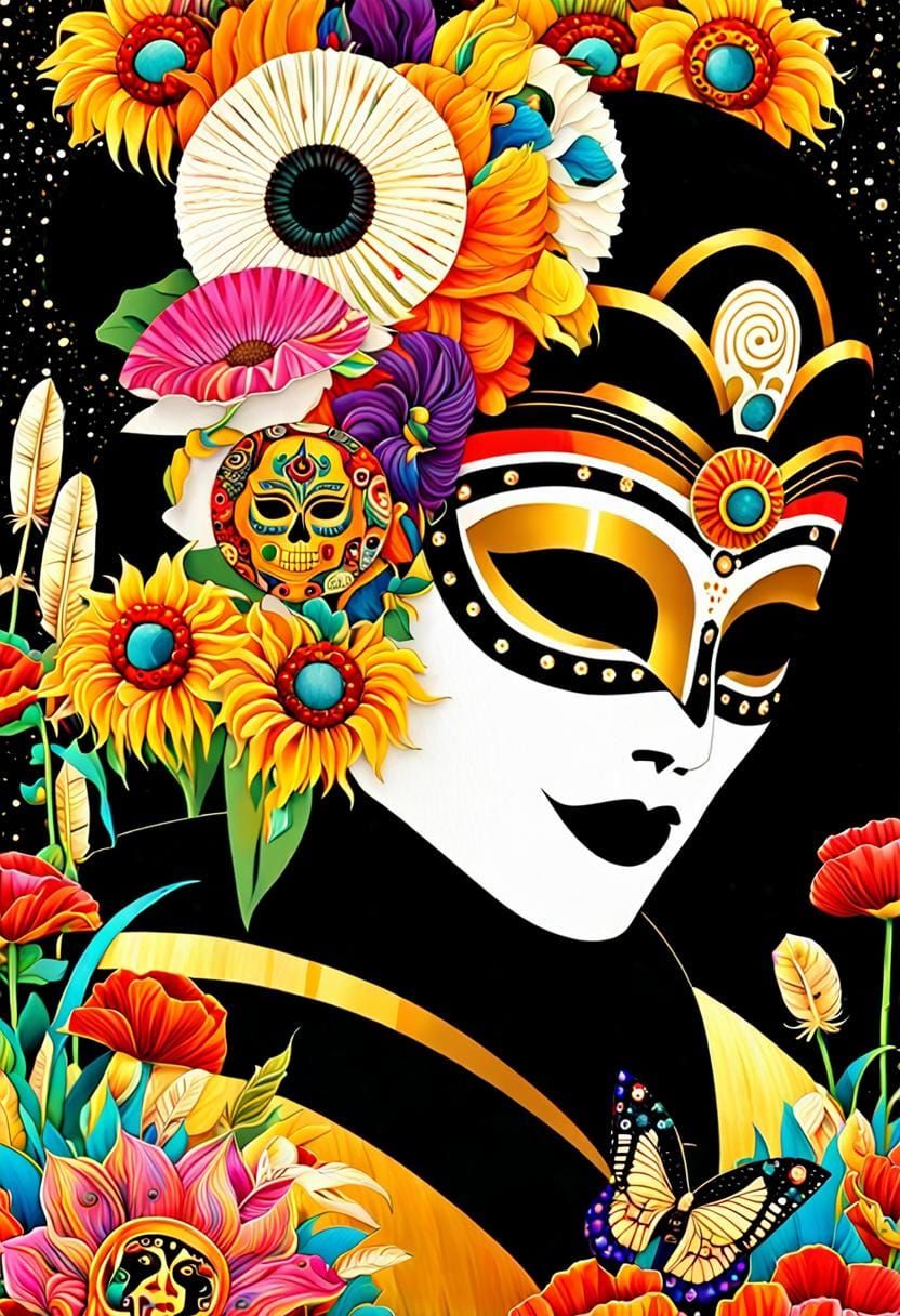 Shogun Icon with Day of the Dead Mask in Collage Style