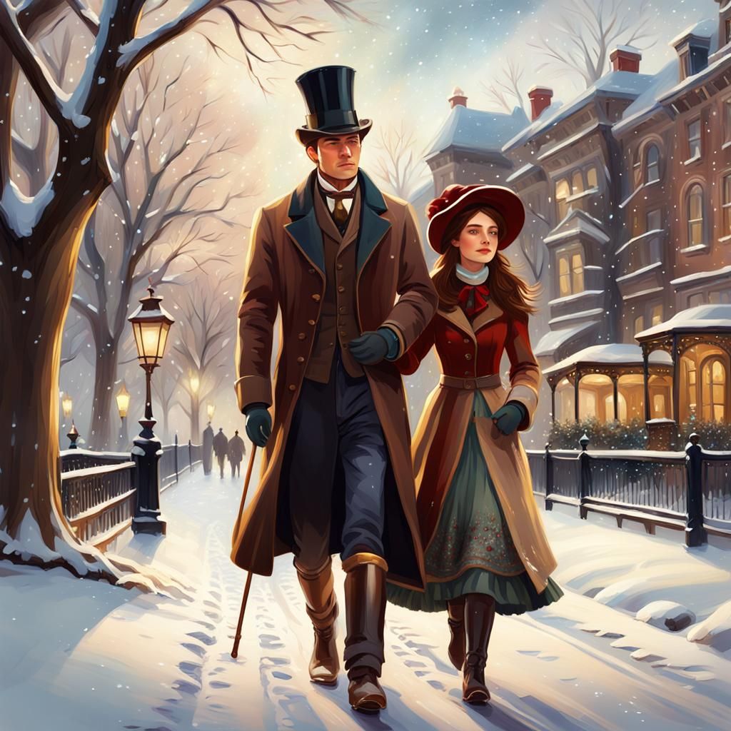 Victorian Christmas Snow Scene in Oil Painting Style