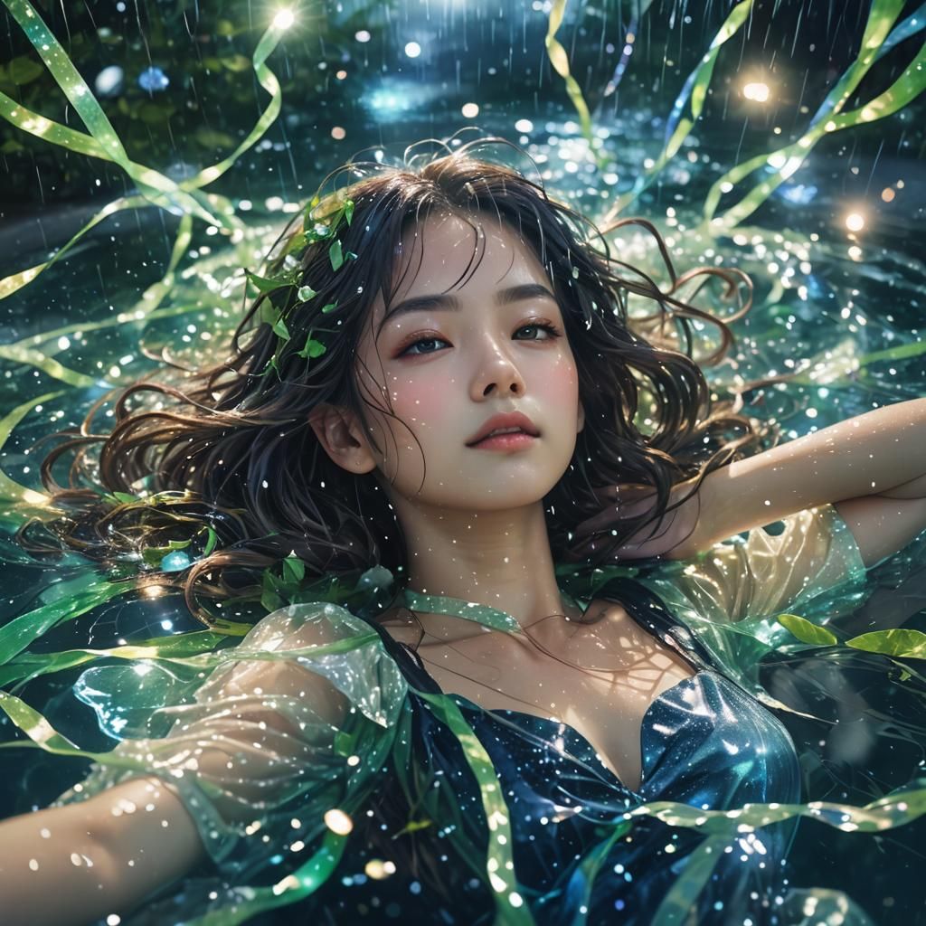 Gorgeous Woman Lies on Water Under Nebula Night