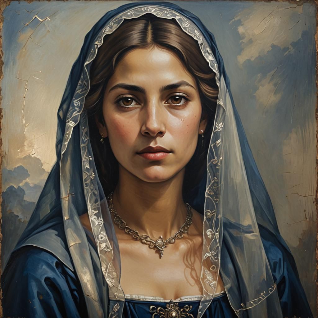 Renaissance Woman in Navy Dress: Oil Painting