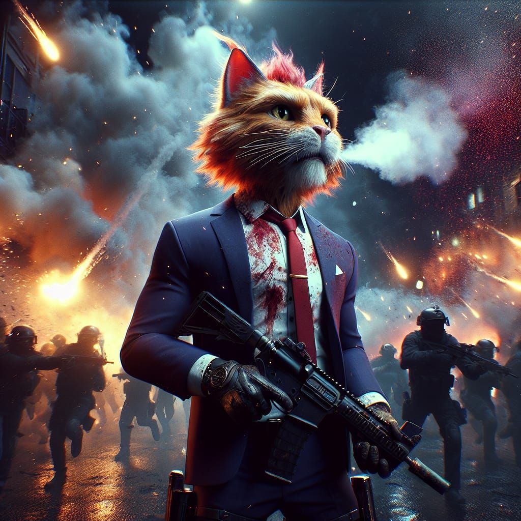 Muscular Cat Bodyguard in Chaotic Rally: Matte Painting Styl...