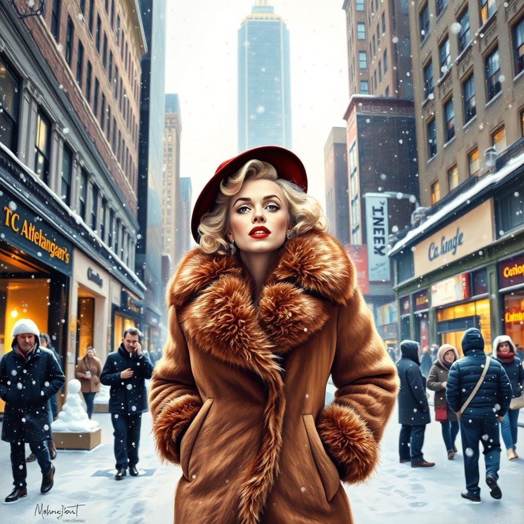 Ethereal Marilyn Monroe in Snowy New York, Impressionist Mas...