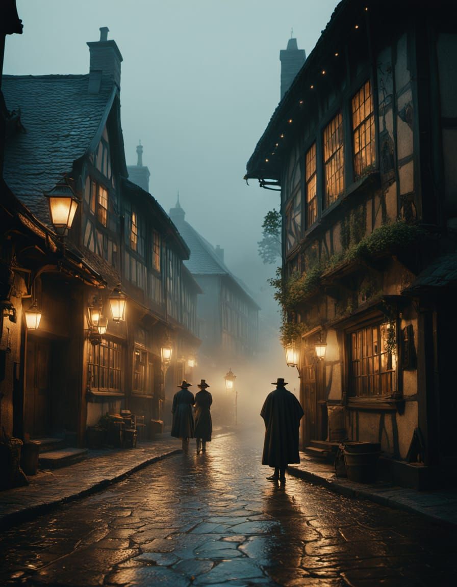 Rainy Night Tavern Scene with Travelers in Painterly Style