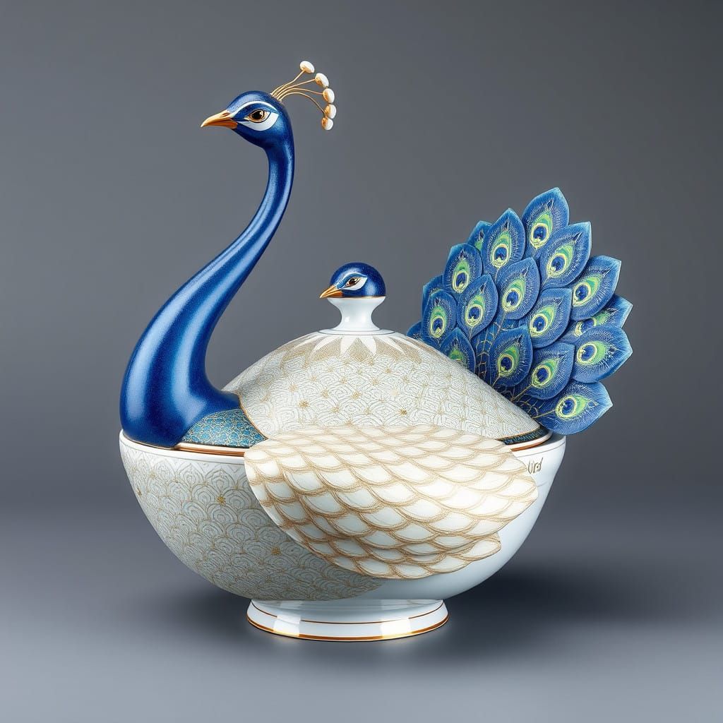 Elegant Porcelain Peacock Tureen in Glossy Finish
