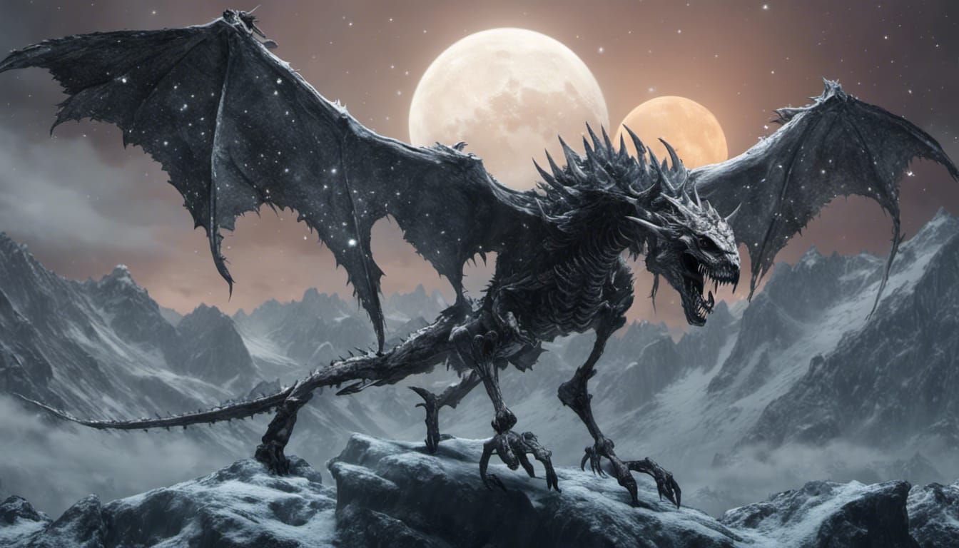 Spectacular Skeletal Dragon Over Snowy Peaks