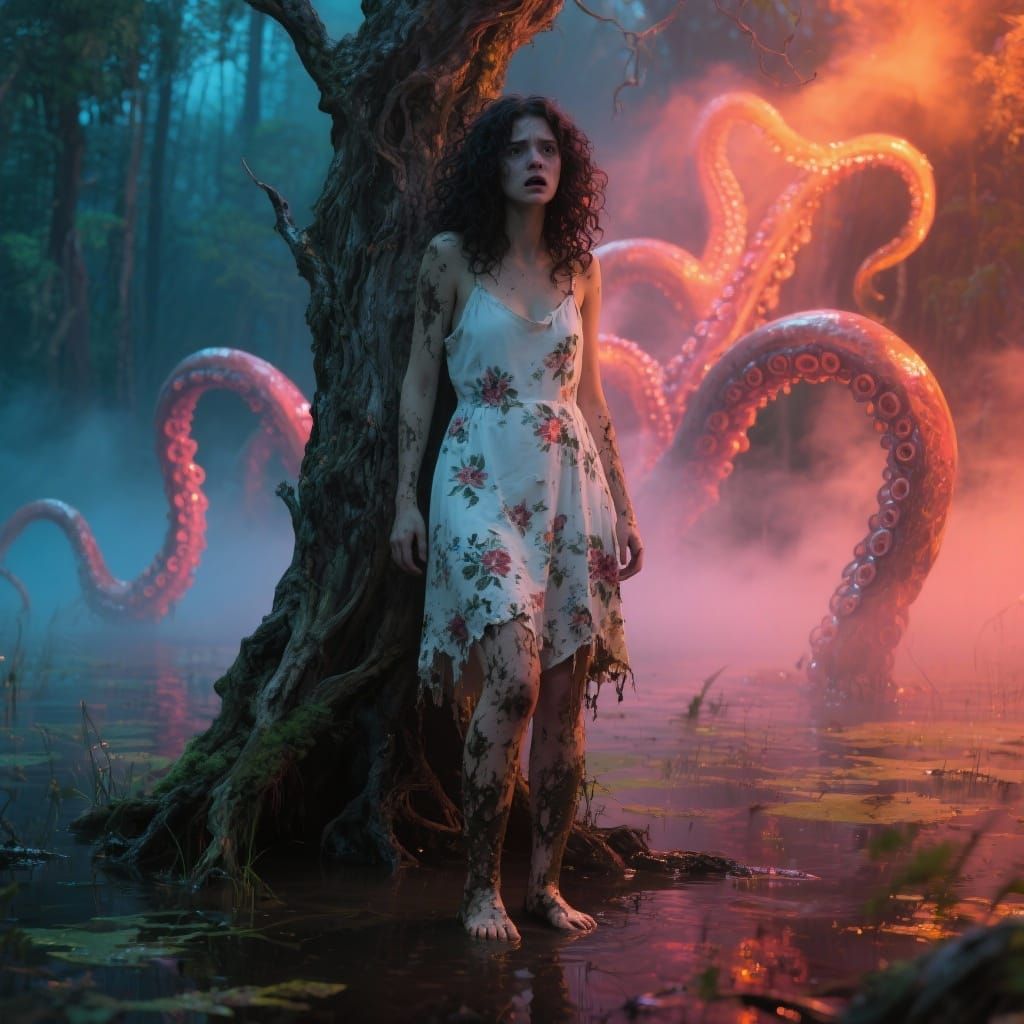 Frightened Woman in Swamp with Tentacles