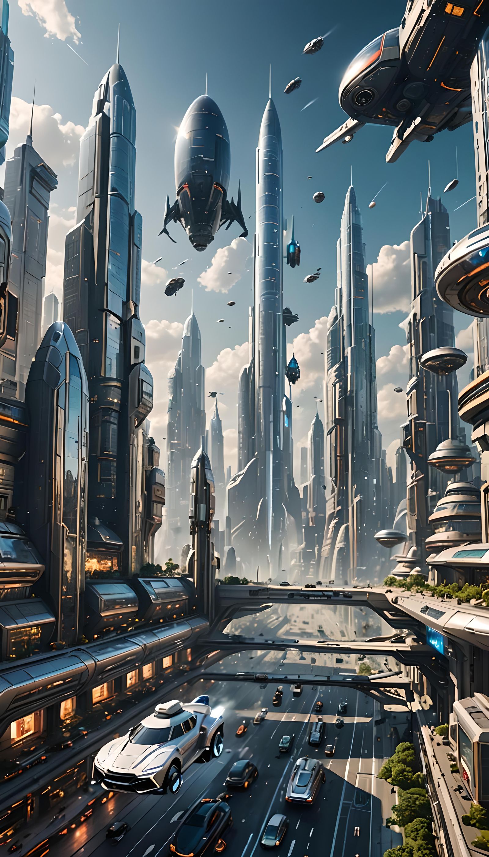 Futuristic Cityscape with Flying Cars and Spaceships