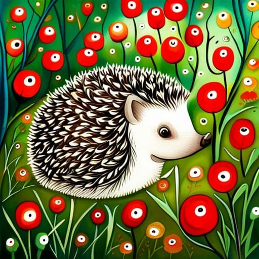 Cute Hedgehog Among Poppies in Watercolour Style