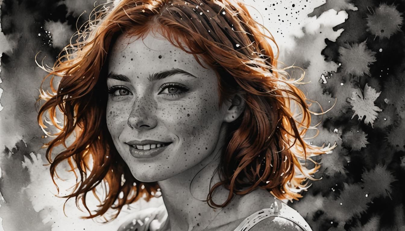 Gorgeous Auburn-Haired Woman: Black and White Double Exposur...