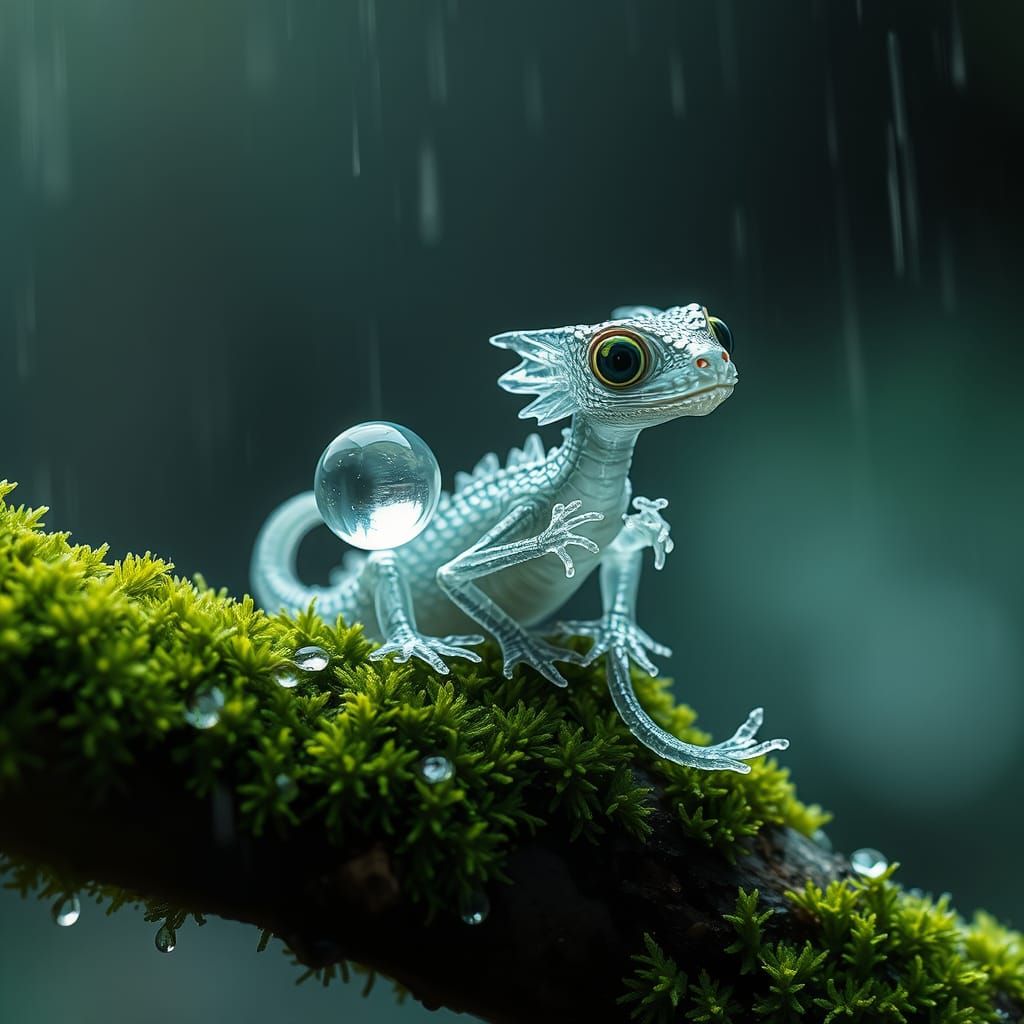 Glassy Water Dragon in Ethereal Rainy Landscape