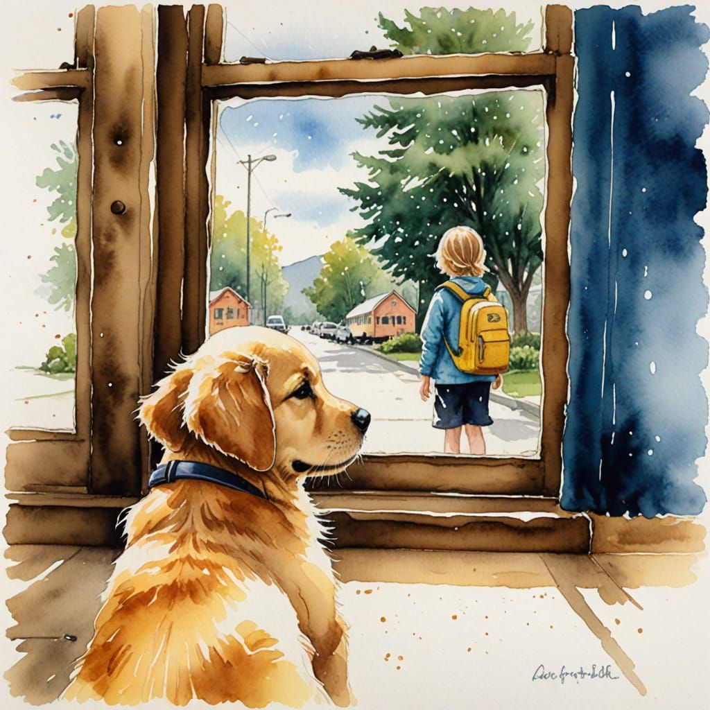 Golden Retriever Puppy Watches School Bus in Watercolor Art