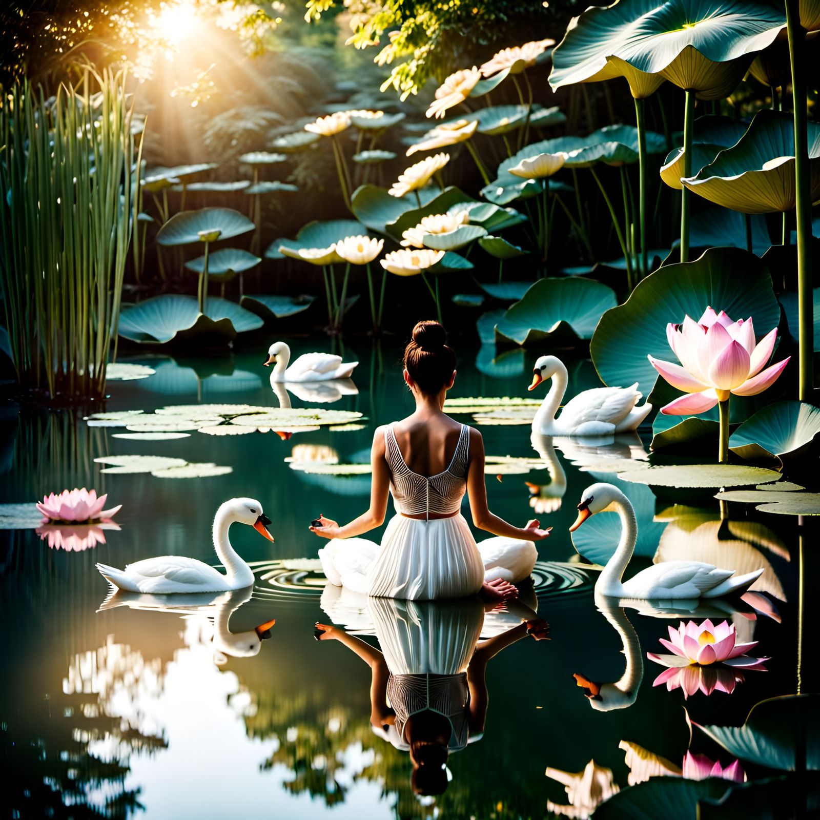 Woman on Water with Swans and Lotus Flowers