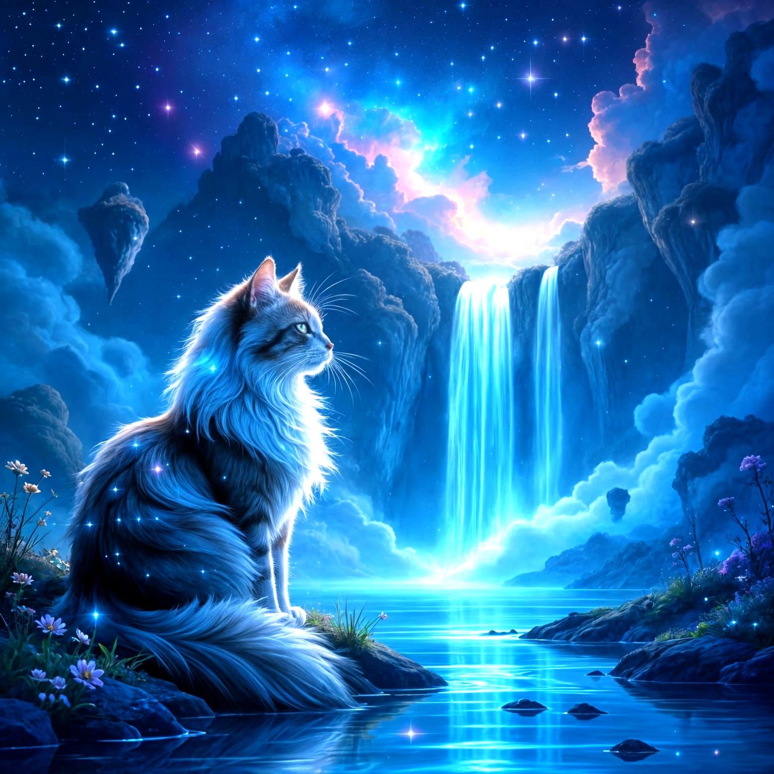 Ethereal Stardust Cat Beside Upward Waterfall