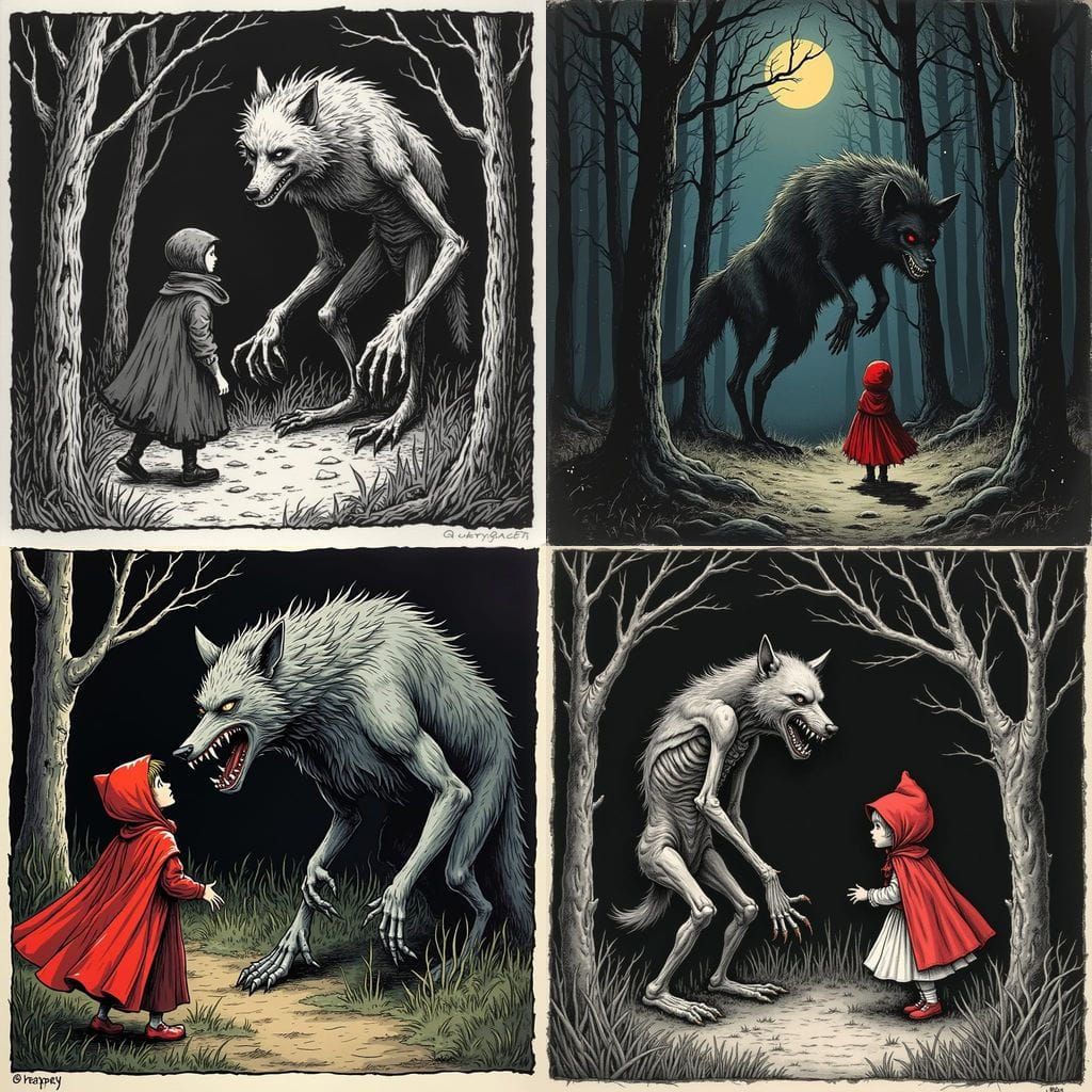 Scary Wolf Meets Red Riding Hood in Woods
