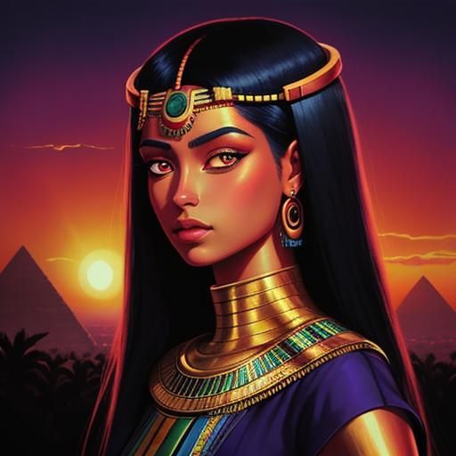 Cleopatra and Pyramids at Sunset in Synthwave Style