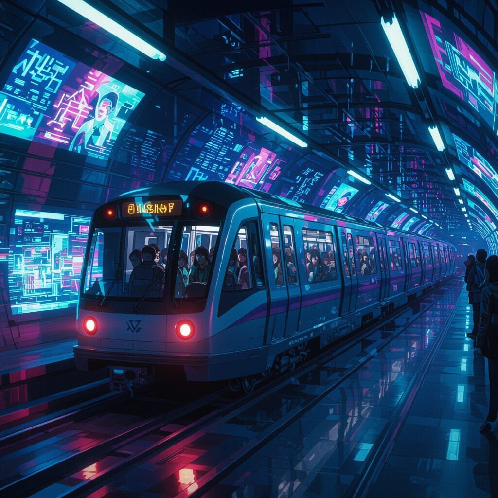 Futuristic Subway Car Speeding Through Neon Tunnel