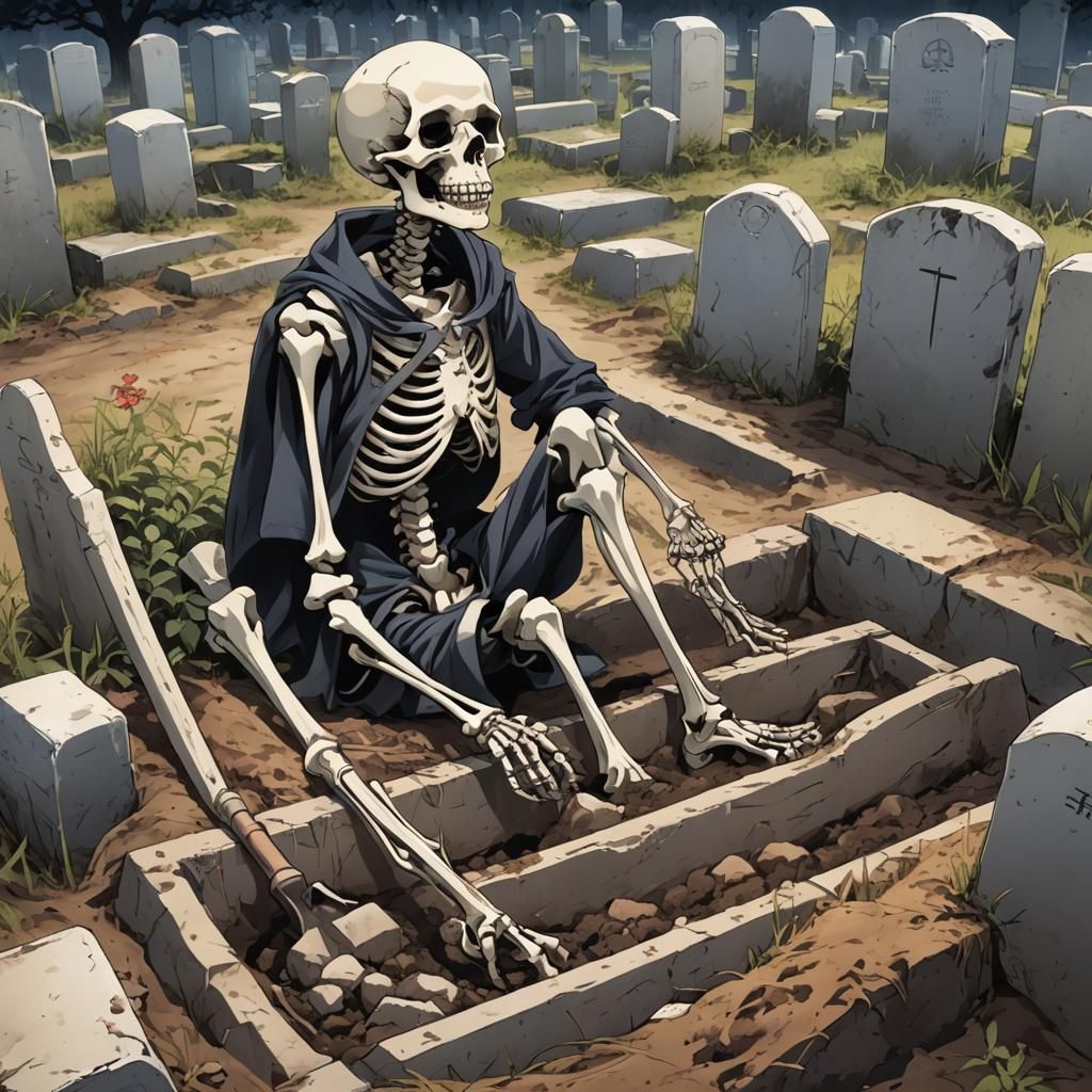 Skeleton boy, back from dead,  digging  himself out of the g...