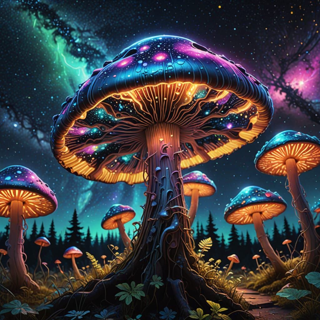 Surreal Cosmic Mushroom Blooms in Vibrant Galaxy