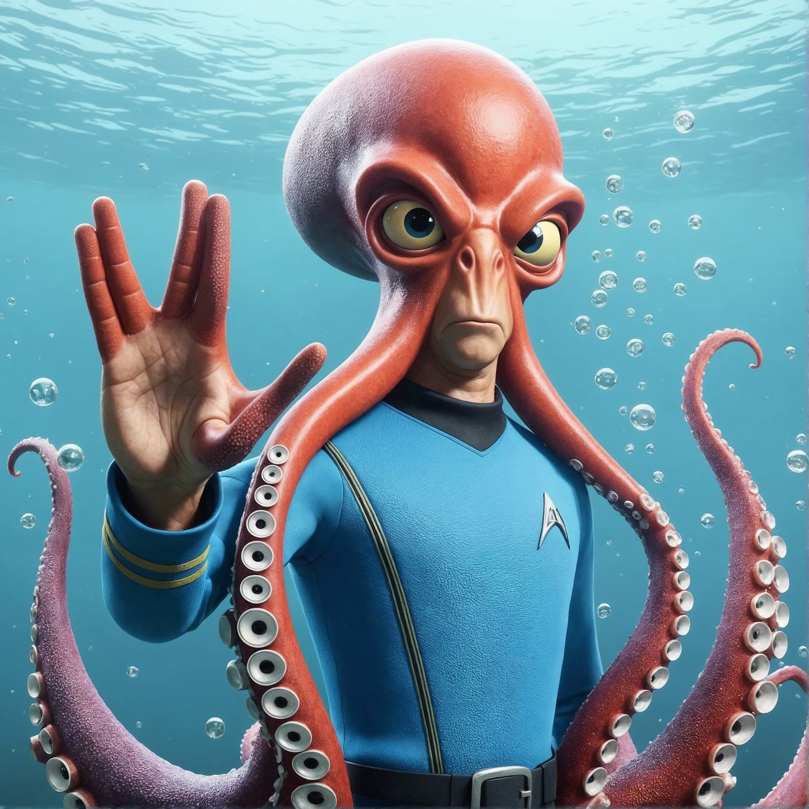 Cartoon Octopus Space Explorer with Vulcan Salute