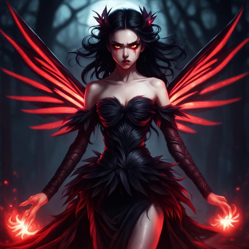 Dark Fairy with Red Wings and Glowing Eyes