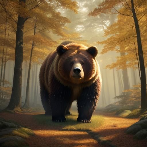 Anime-Style Bear Amidst Vibrant Autumn Forest