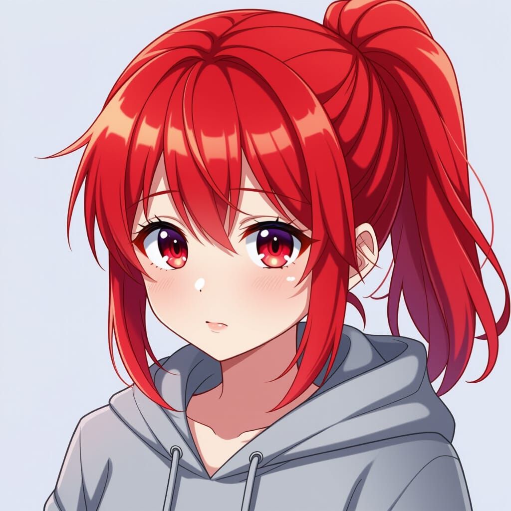 Cute Anime Girl with Red Eyes and Hoodie