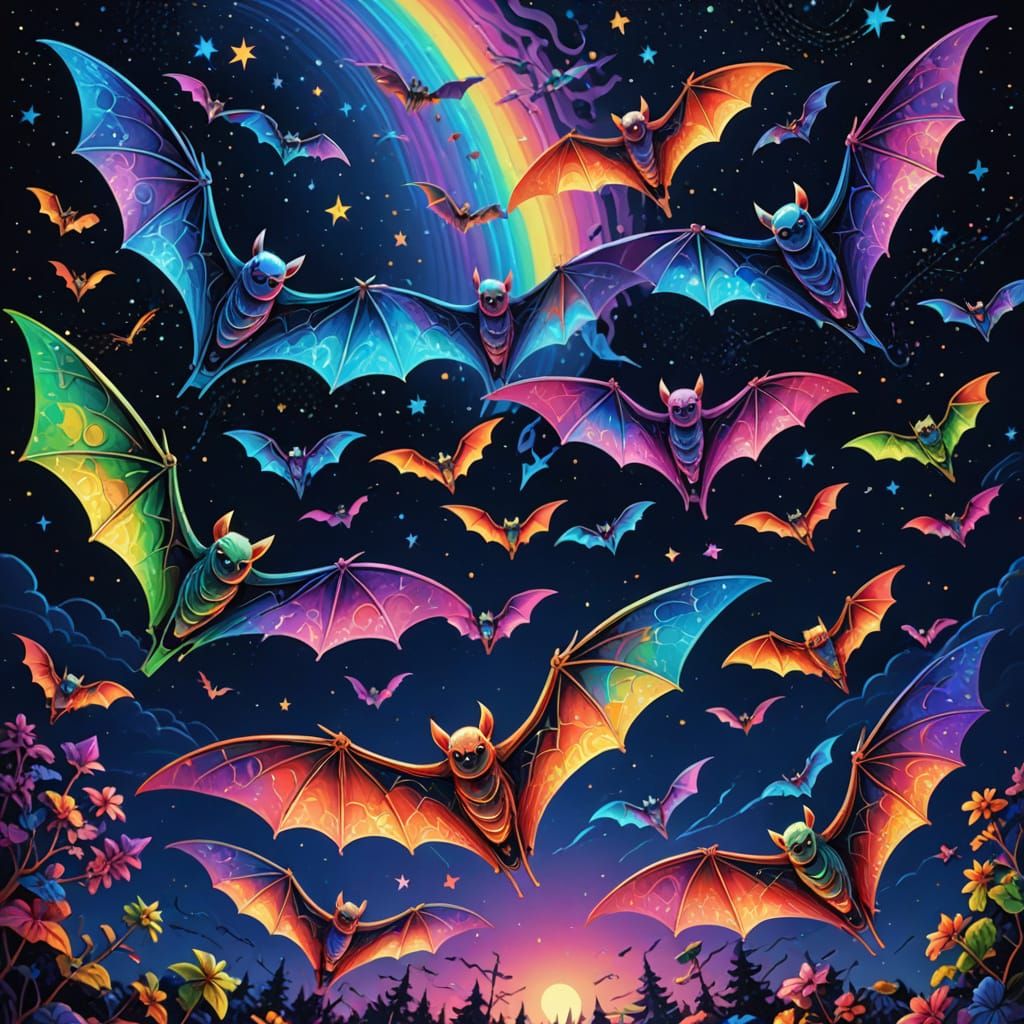 Rainbow Bats in Surreal Psychedelic Astral Illustration