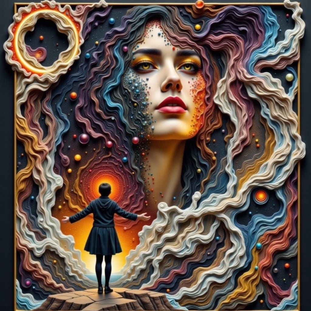 Solitary Figure Yearns Over Turbulent Sea in Romantic Oil Pa...