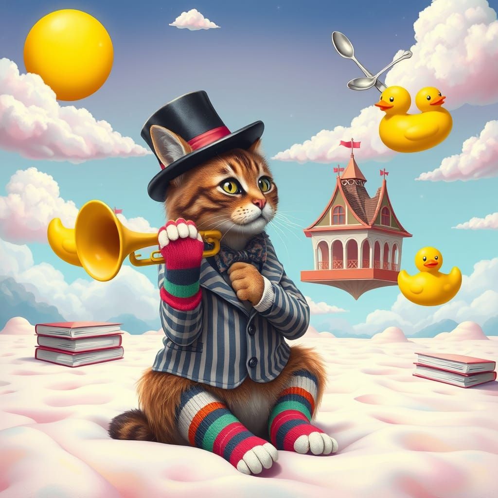 Surreal Moustached Cat Recital in Dreamscape