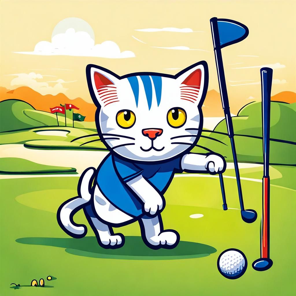 Cat Playing Golf in Cartoon Style