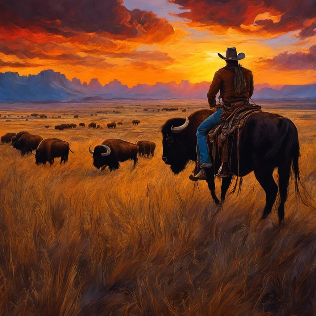 Cowboy Riding a Bison