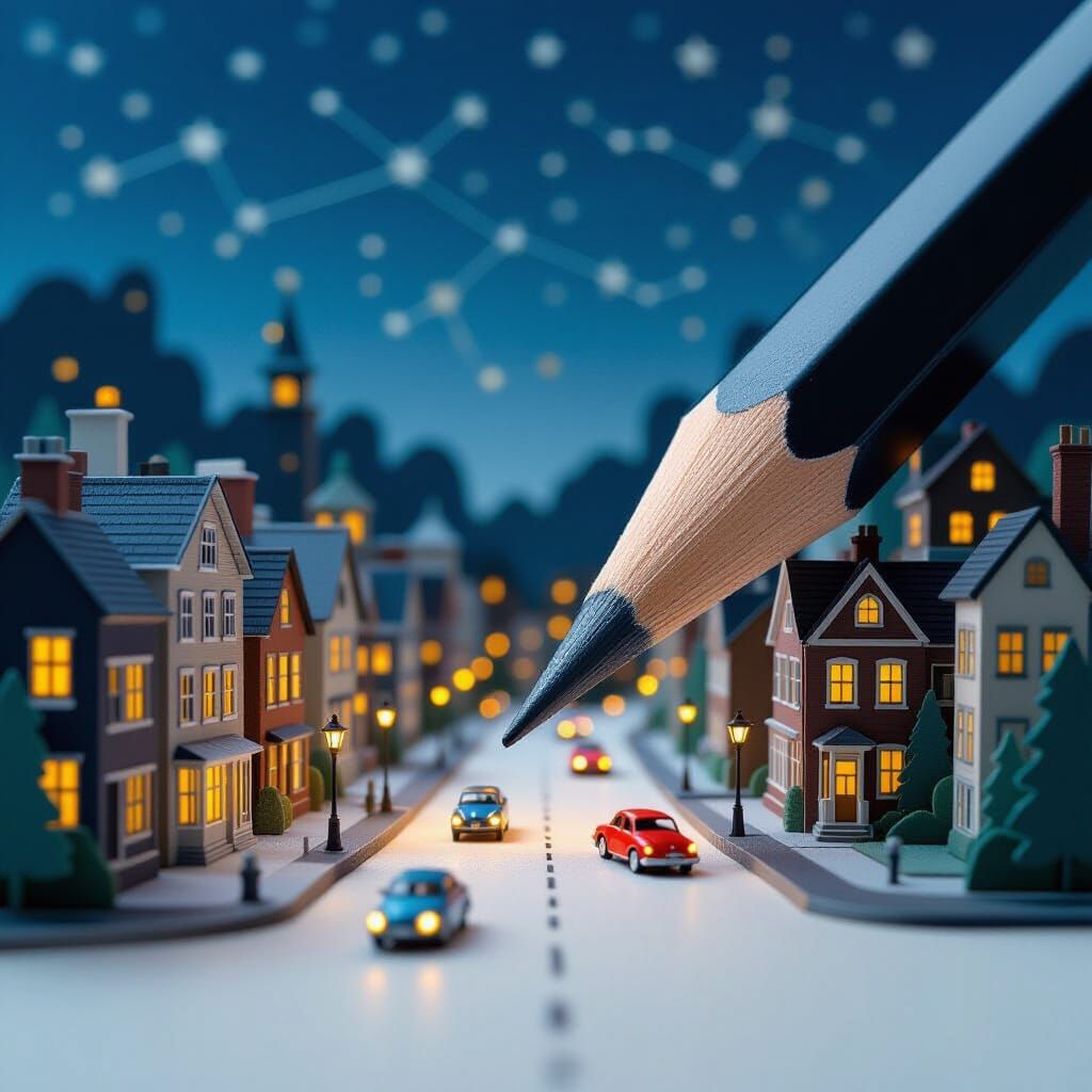 Pencil Tip Cityscape Emerges at Twilight