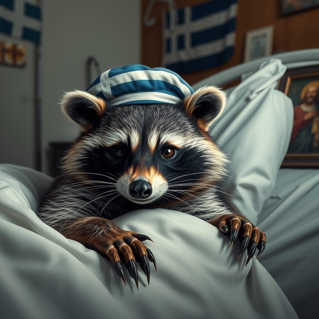 Elderly Raccoon in Greek Hospital Bed, Photorealistic Style