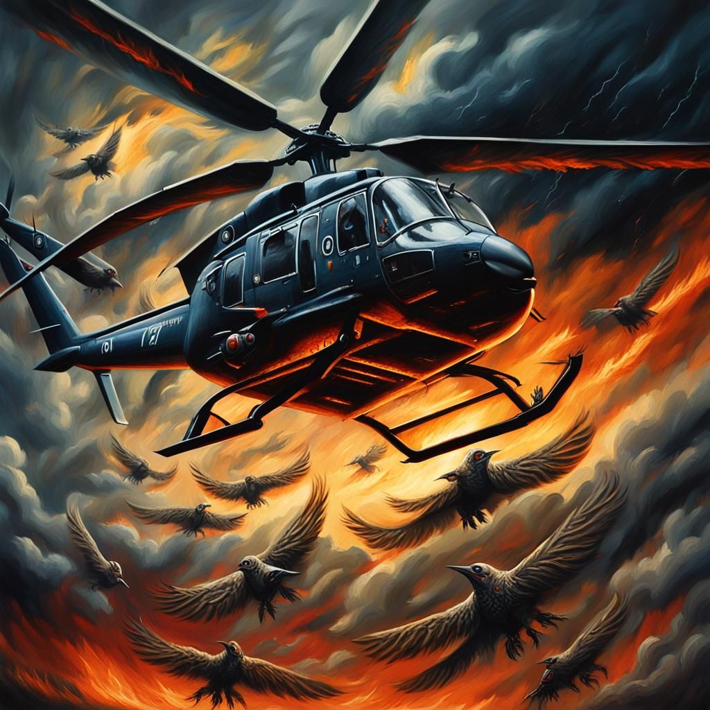 Possessed Helicopter in Stormy Sky, Ominous Oil Painting
