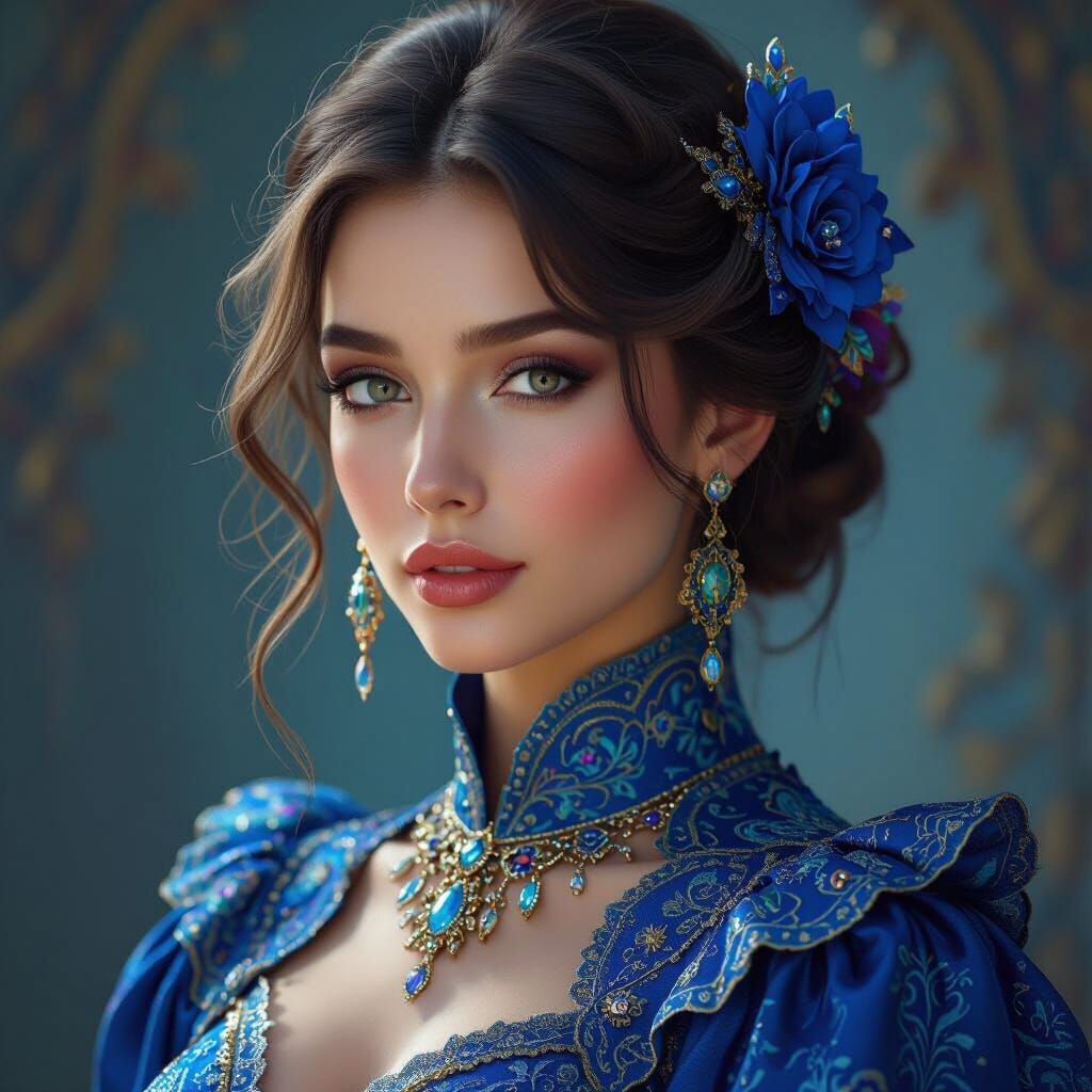 Hyperrealistic Beautiful Woman in Detailed Blue Fantasy Atti...