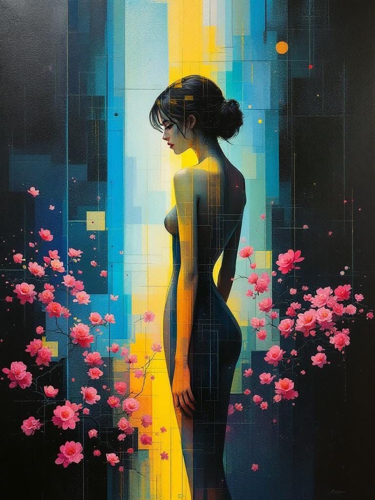 Neon Noir Figure in Atmospheric Landscape