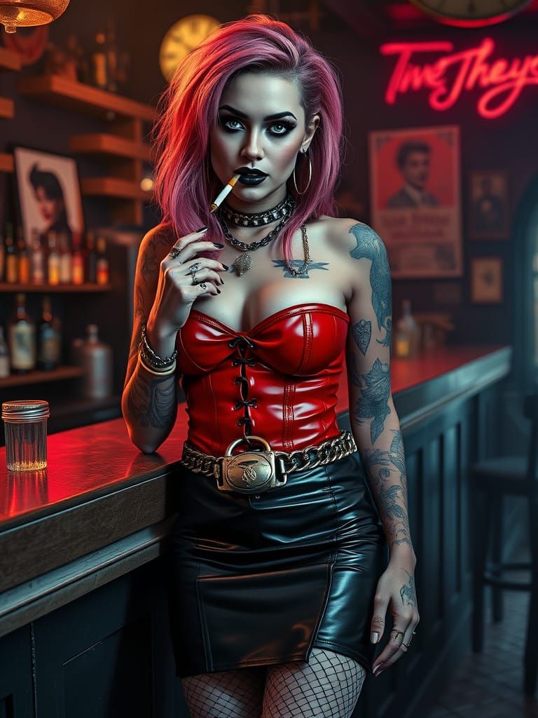 Punk Woman in Latex Corset at Bar, Cyberpunk Style