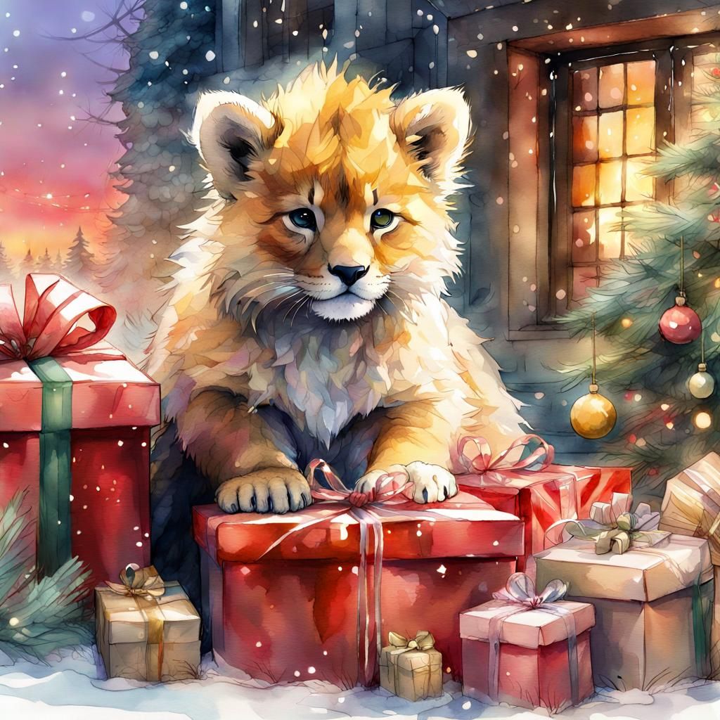 Cute Cub's Christmas in Digital Watercolor