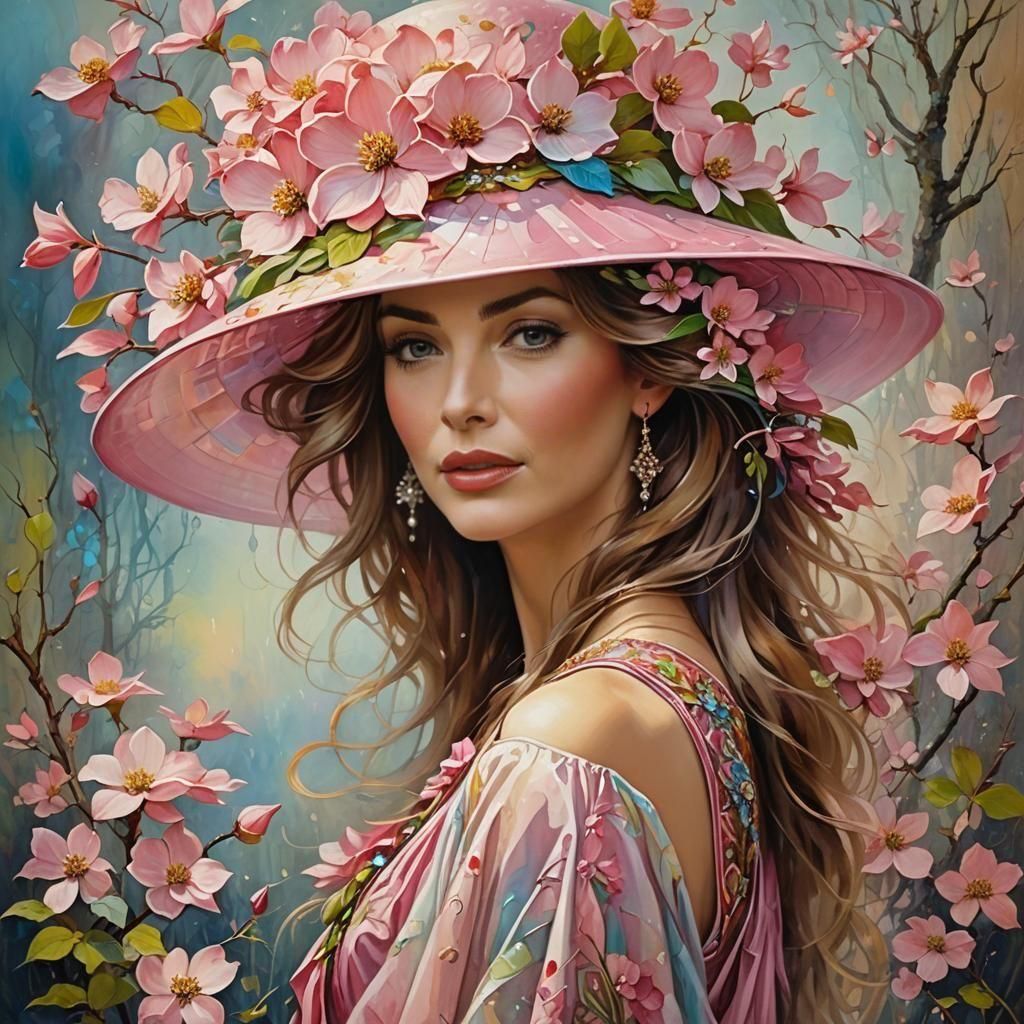 Elegant Woman in Flowered Hat: An Art Nouveau Oil Painting