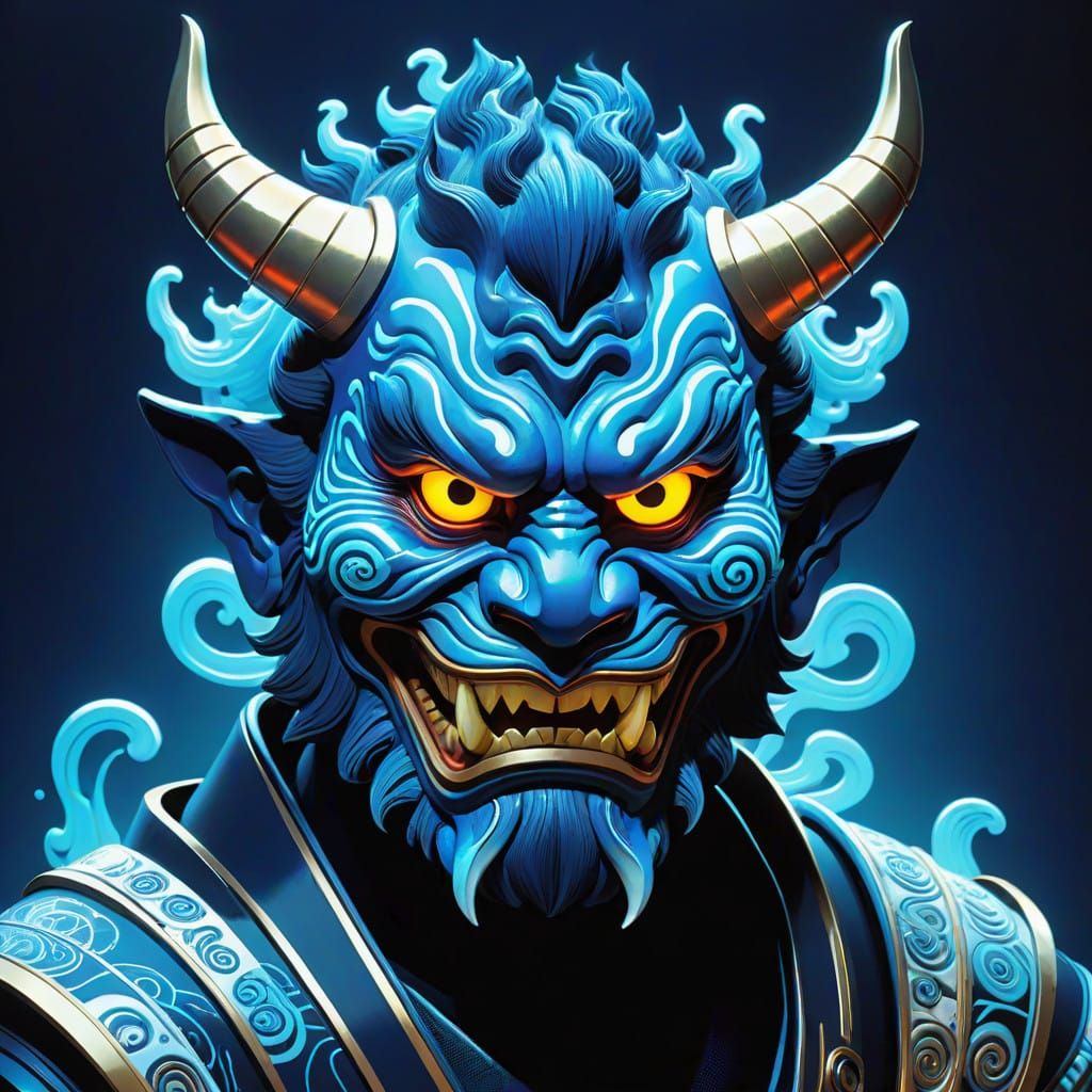 Glowing Cyberpunk Oni Mask in Vibrant Neon Blue