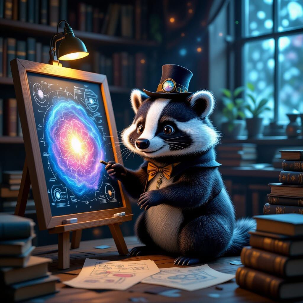 Anthropomorphic Badger Astronomer with Glowing Nebula Chalkb...
